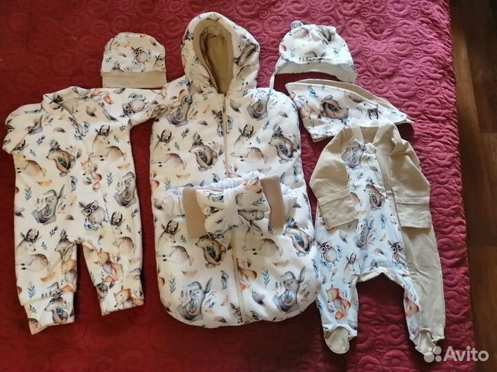 Комплект конверт, комбинезон, шапочка, шарфик