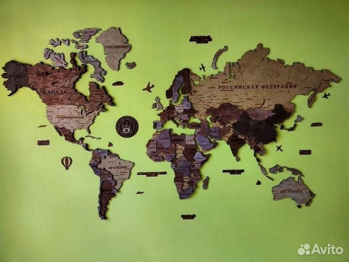 Настенная карта мира из дерева