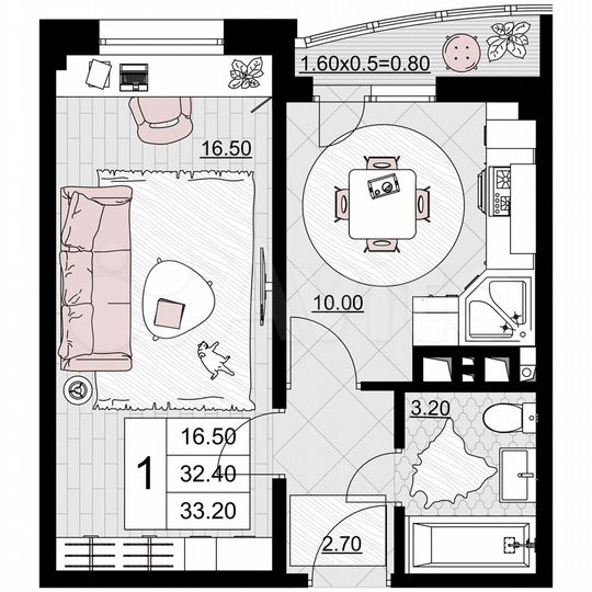 1-к. квартира, 33,2 м², 7/12 эт.