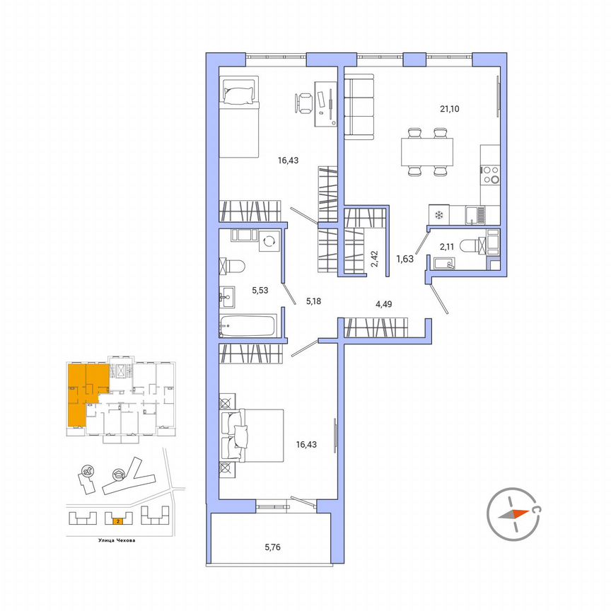 2-к. квартира, 78,2 м², 6/9 эт.