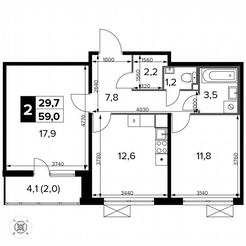 2-к. квартира, 59 м², 13/14 эт.