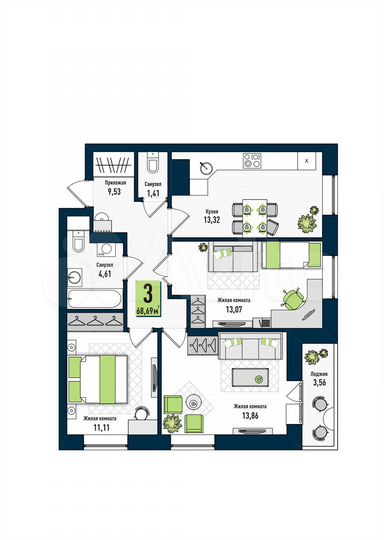 3-к. квартира, 68,7 м², 11/17 эт.