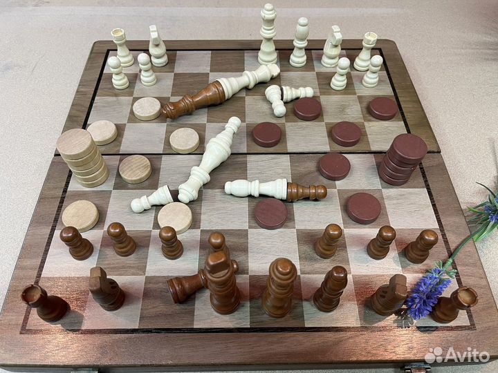 Шахматы, шашки 2в1 деревянные магнитные. 39*39
