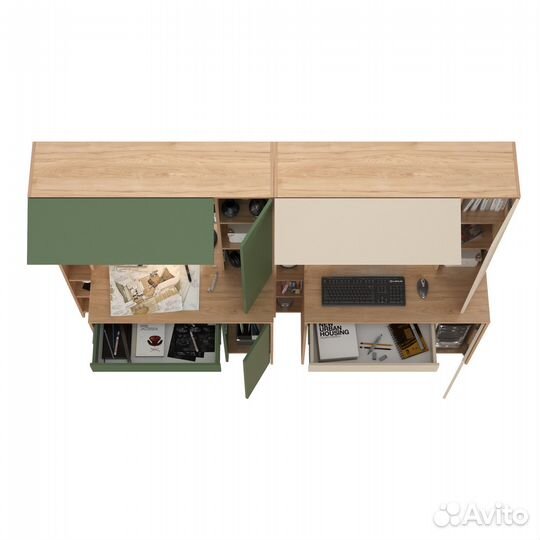 Два больших компьютерных стола Mobi Комфорт 12.71 цвет гикори рокфорд/дым.зелёный/сатин