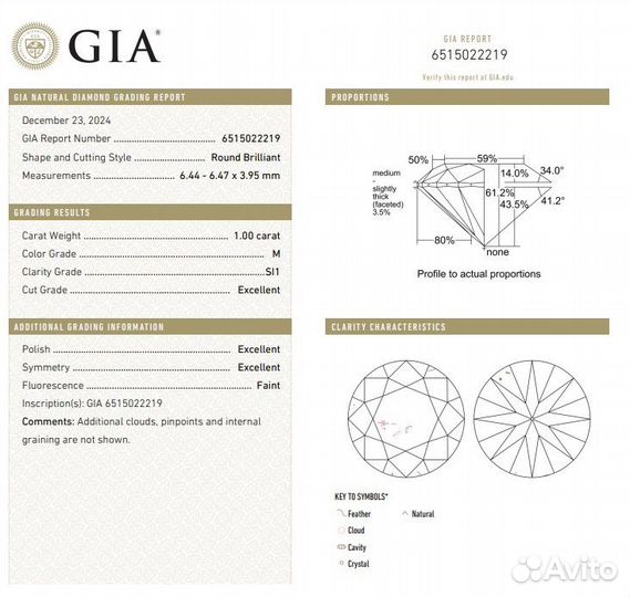 Природный бриллиант 1.00 карата M/SI1 3ex. GIA