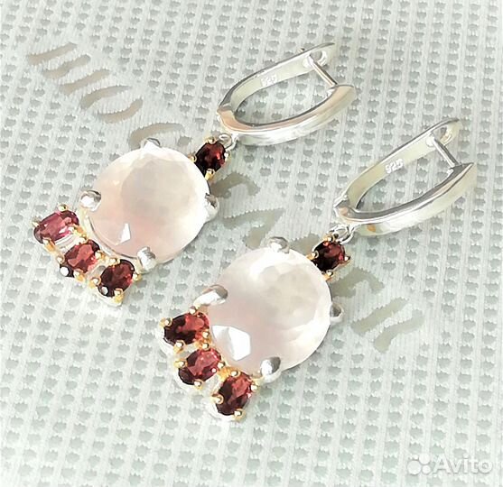 Серьги серебро розовый кварц, гранат С038