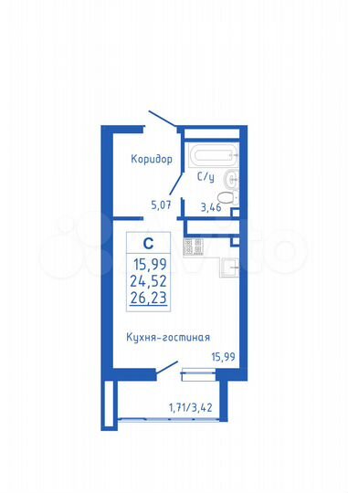 Квартира-студия, 26,2 м², 16/25 эт.