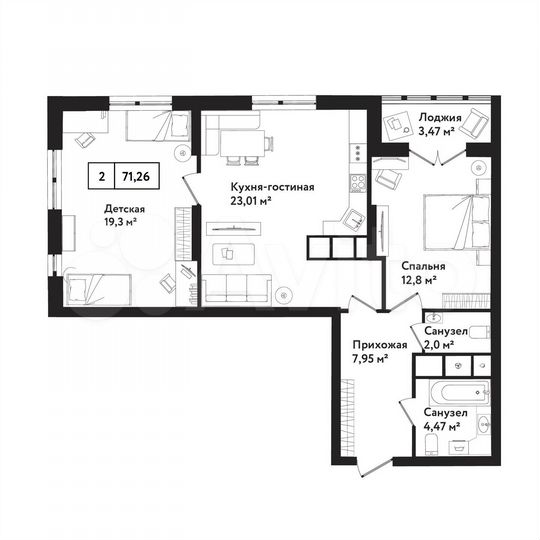 2-к. квартира, 71,3 м², 4/25 эт.