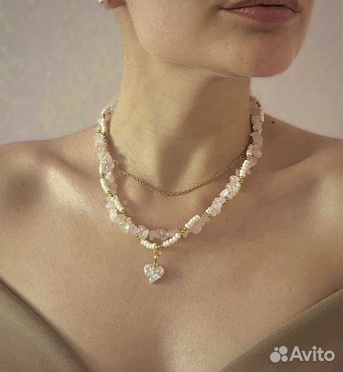 Ожерелье ручная работа розовый кварц жемчуг