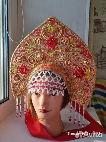 Кокошник Парча Красно-золотая