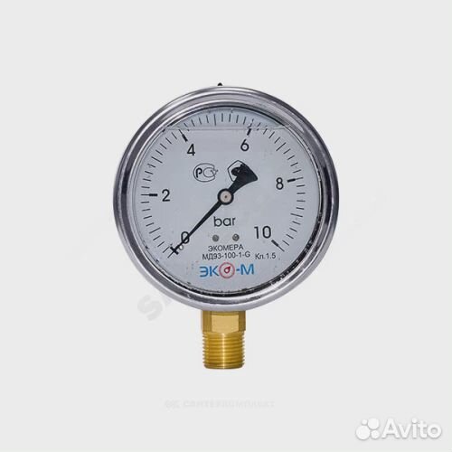 Манометр радиальный гидрозаполненный экомера мд93-63 Ру25, шкала 0-25 бар, корпус 63 мм, присоединен