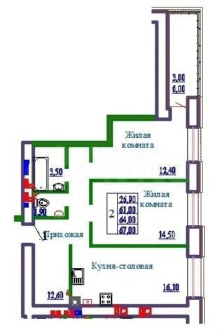2-к. квартира, 67 м², 3/9 эт.