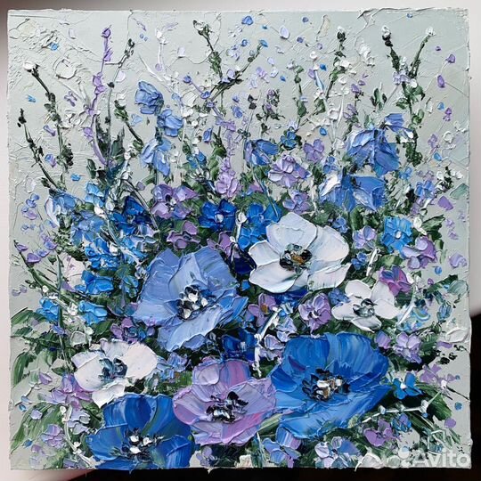 Картина маслом букет с лютиками сакура ромашки