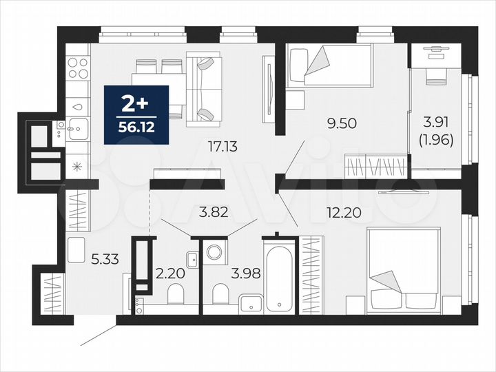 2-к. квартира, 56,1 м², 21/22 эт.