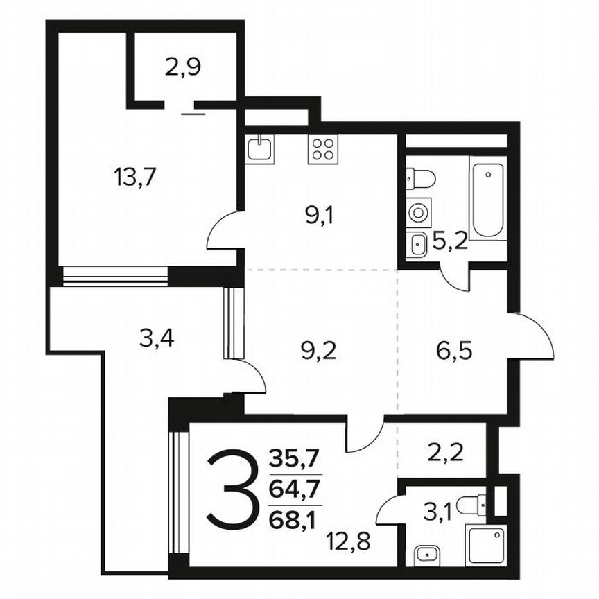3-к. квартира, 68,1 м², 1/12 эт.