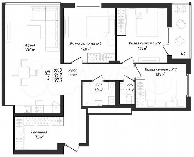3-к. квартира, 98,9 м², 6/17 эт.