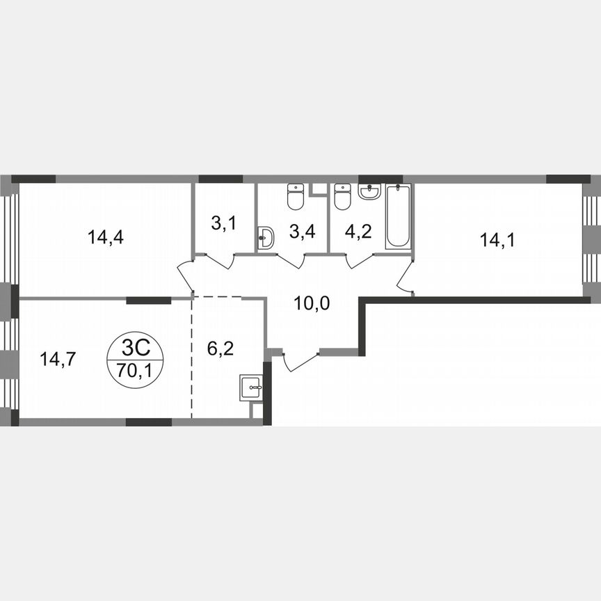 3-к. квартира, 70,1 м², 2/17 эт.
