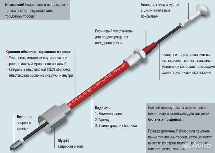 Тормозной трос прицепа alko S1086 H890, быстром