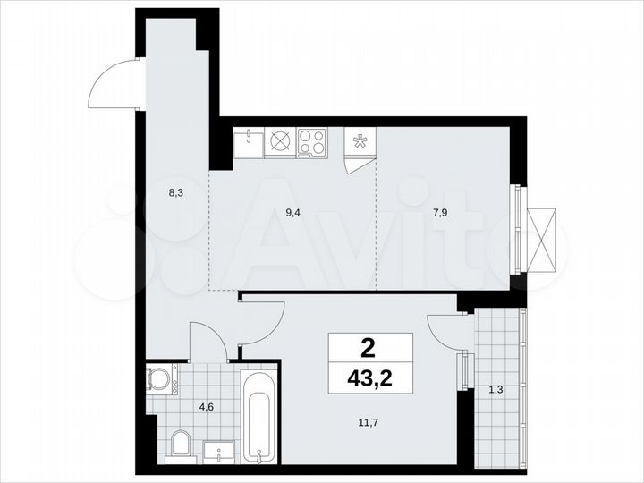 2-к. квартира, 43,2 м², 9/14 эт.