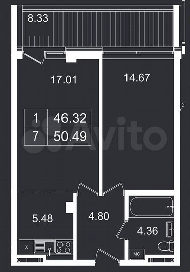 2-к. апартаменты, 50,5 м², 2/8 эт.