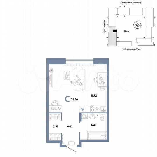 Квартира-студия, 34 м², 2/25 эт.