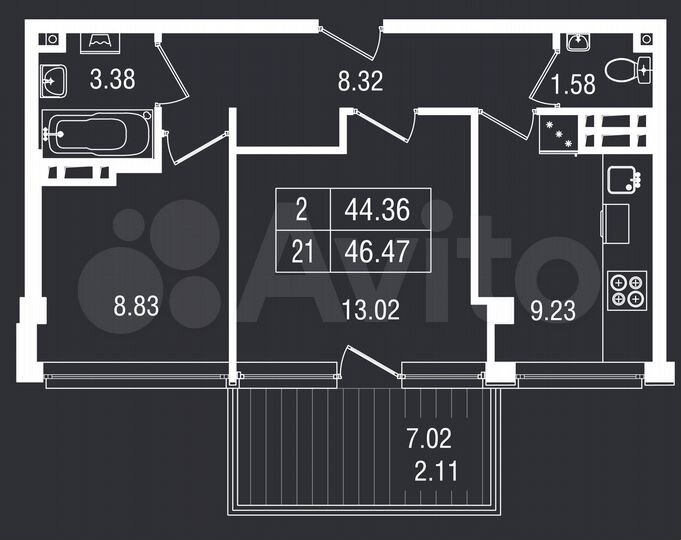 2-к. апартаменты, 46,5 м², 3/8 эт.