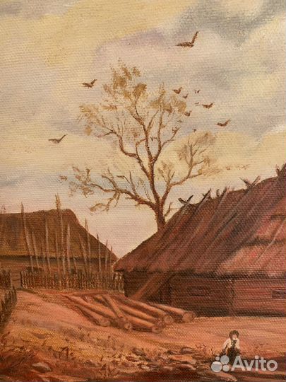 Картина Маслом на Холсте. Деревенский Пейзаж