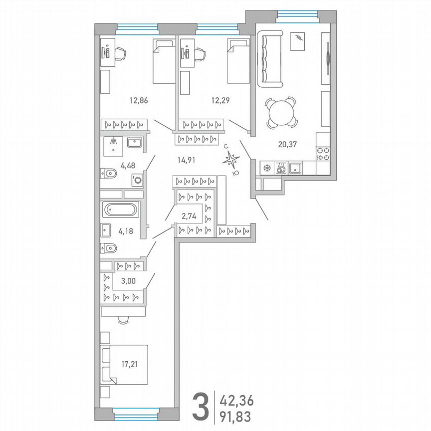 3-к. квартира, 91,9 м², 3/10 эт.