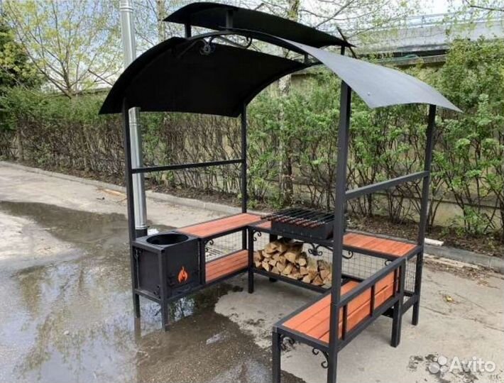 Мангал беседка с крышей, грилем и печкой под казан