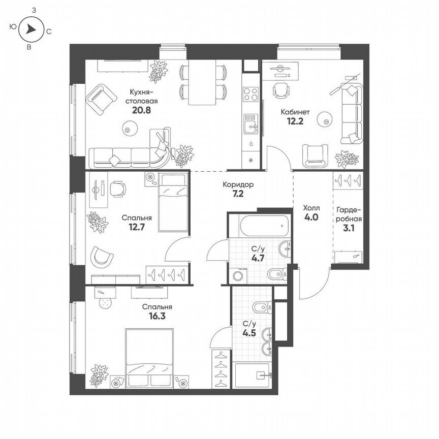 3-к. квартира, 85,5 м², 2/4 эт.
