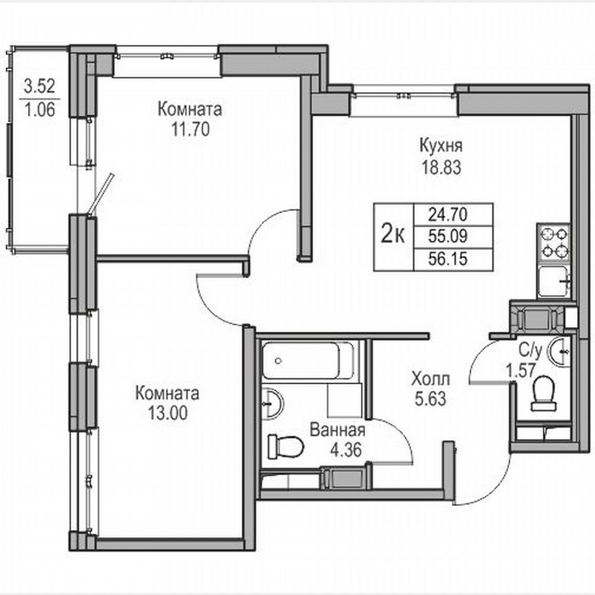 2-к. квартира, 56,2 м², 4/23 эт.