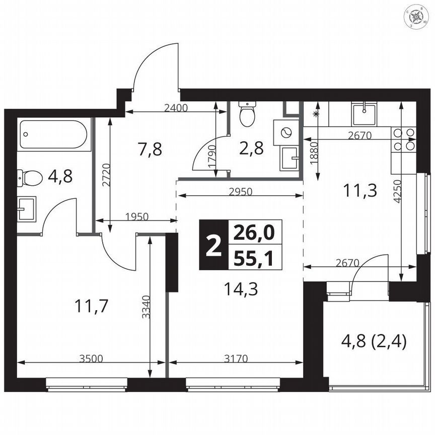 1-к. квартира, 55,1 м², 3/23 эт.
