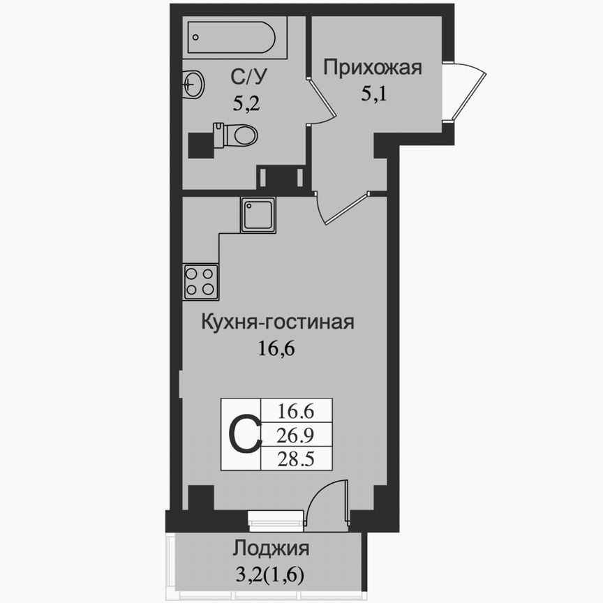 Квартира-студия, 30,1 м², 2/15 эт.