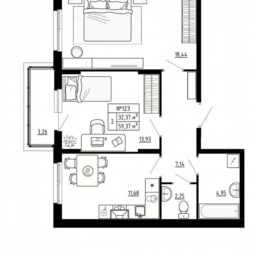 2-к. квартира, 59,4 м², 2/4 эт.