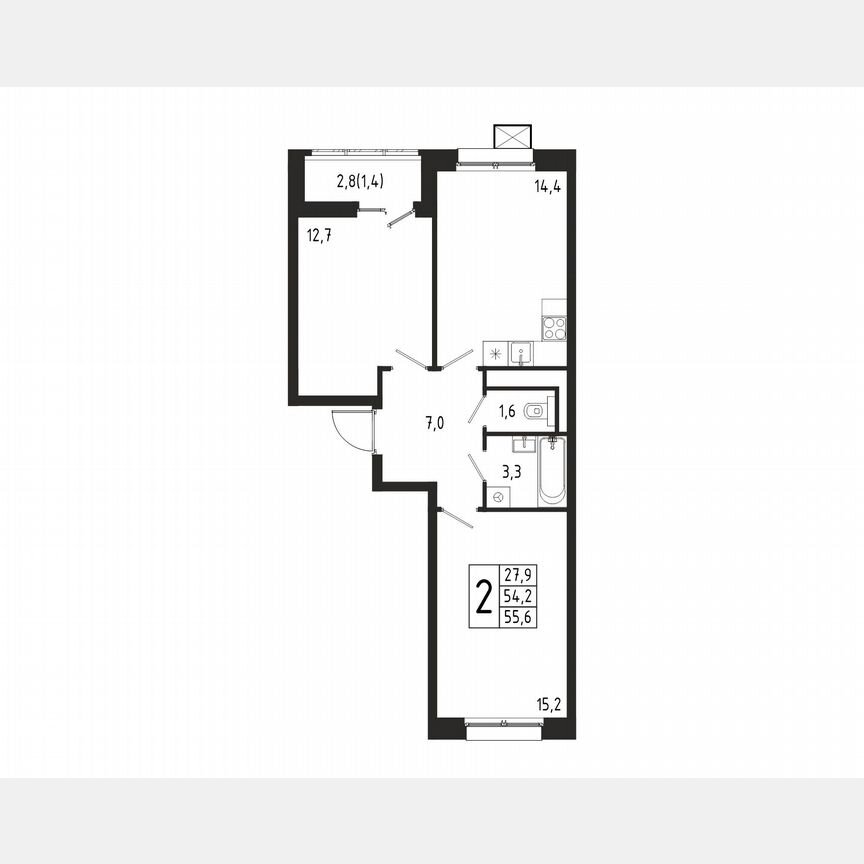 2-к. квартира, 55,6 м², 2/10 эт.