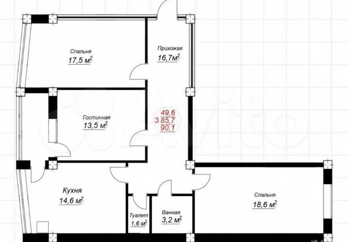 3-к. квартира, 92 м², 2/9 эт.