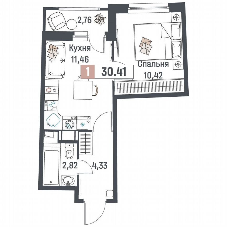 1-к. квартира, 30,4 м², 15/18 эт.