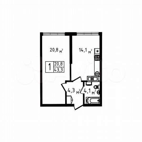 1-к. квартира, 43,3 м², 4/9 эт.