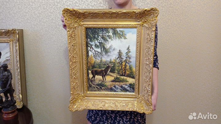 Охота. олень красавец. картина холст. масло