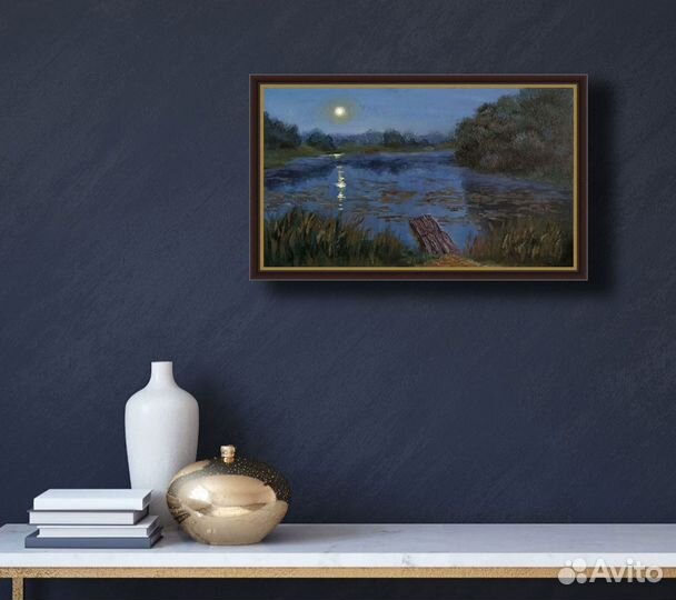 Картина маслом Лунная ночь Деревенский пейзаж