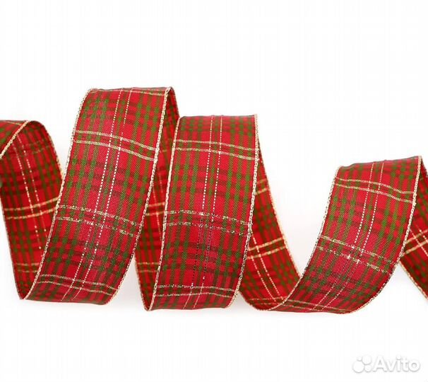 Лента подарочная красная в клетку 3м из ткани