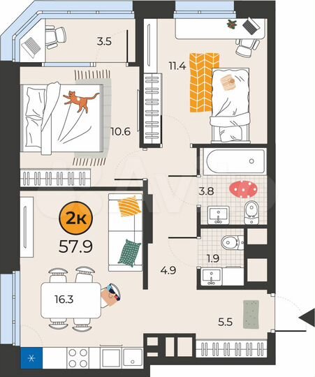 2-к. квартира, 57,9 м², 3/14 эт.