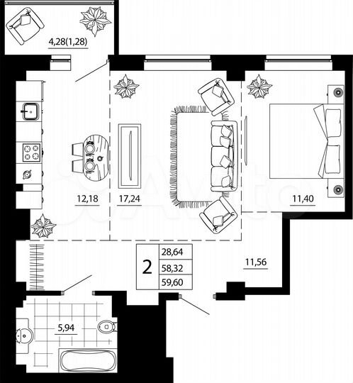 2-к. квартира, 59,6 м², 4/24 эт.