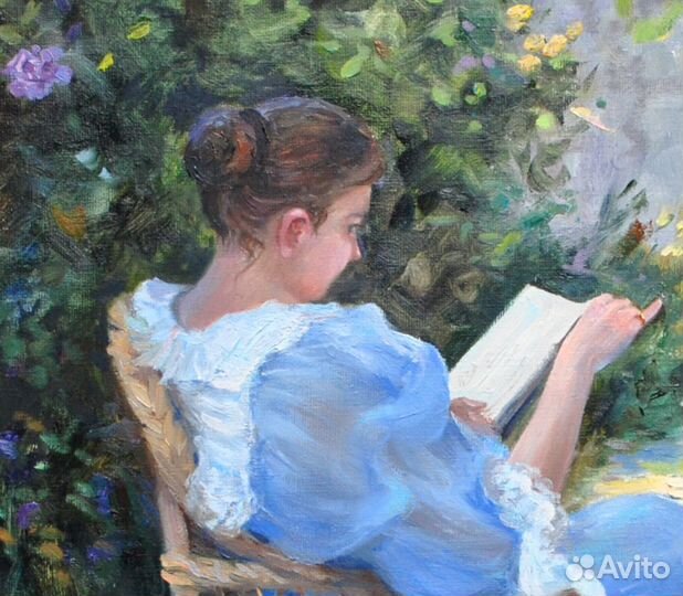 Картина маслом Девушка с книгой в летнем саду