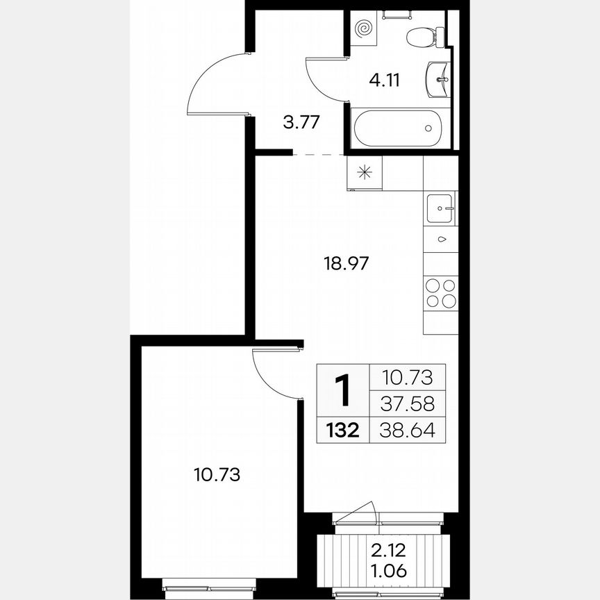 1-к. квартира, 38,6 м², 10/12 эт.