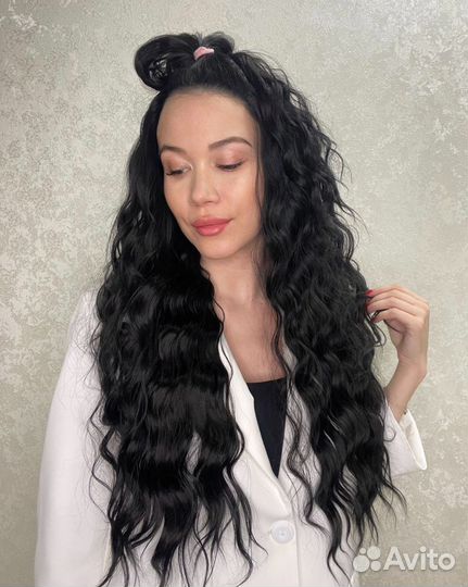 Парик полусистема чёрный локоны