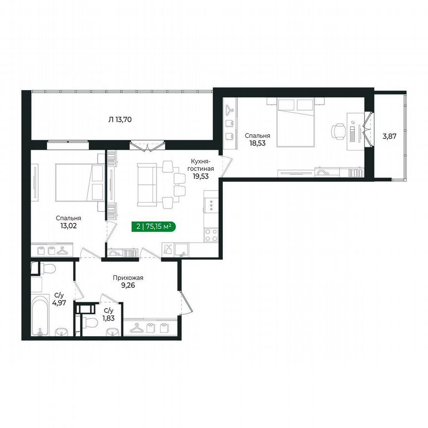 2-к. квартира, 75,2 м², 3/8 эт.