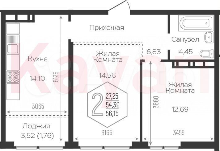 2-к. квартира, 52,6 м², 12/16 эт.