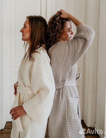 Халат-кимоно вафельный мини молочный, S-L