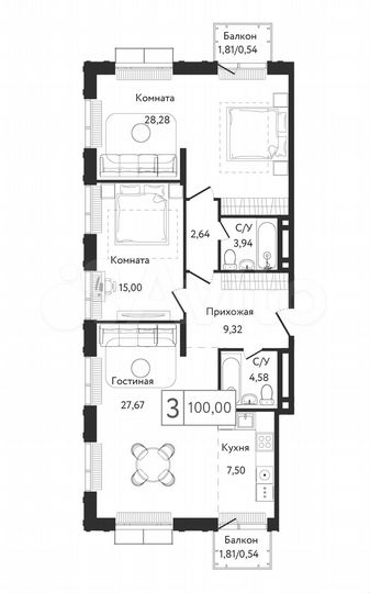 3-к. квартира, 100 м², 2/6 эт.
